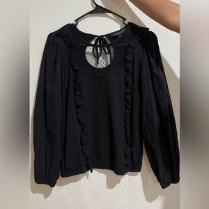 Marc New York Black Long Sleeve Ruffle-Trim Blouse